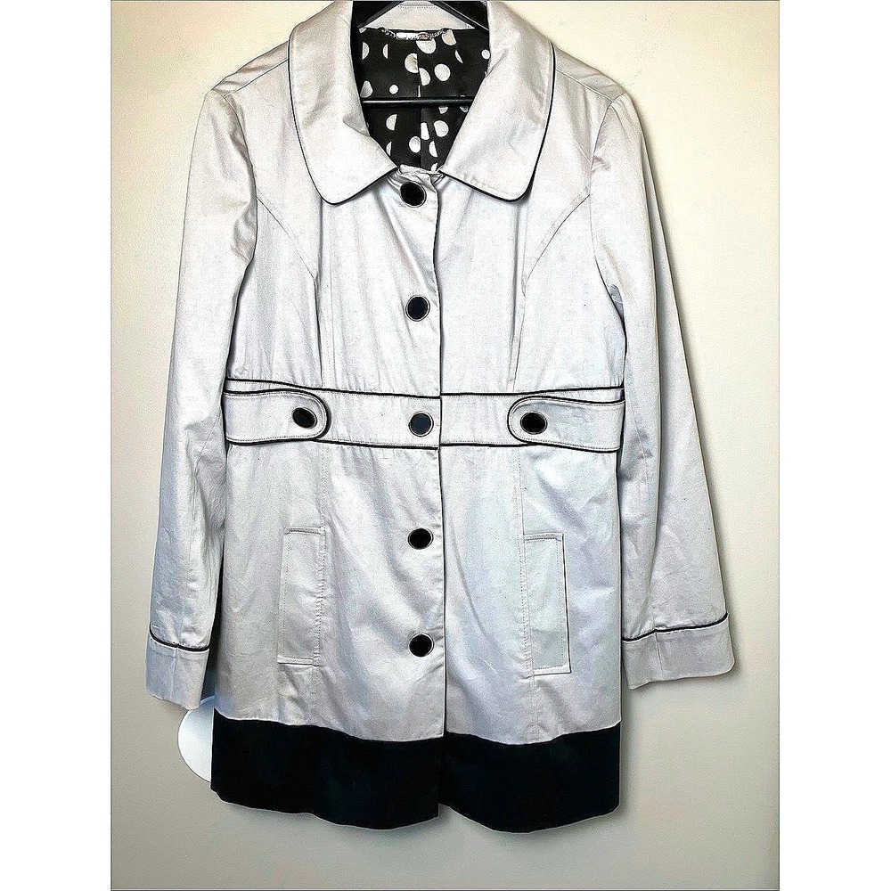 Apt. 9 Size Large Black‎ Grey Contrast Trench Coat Jacket Polka Dot Lining L